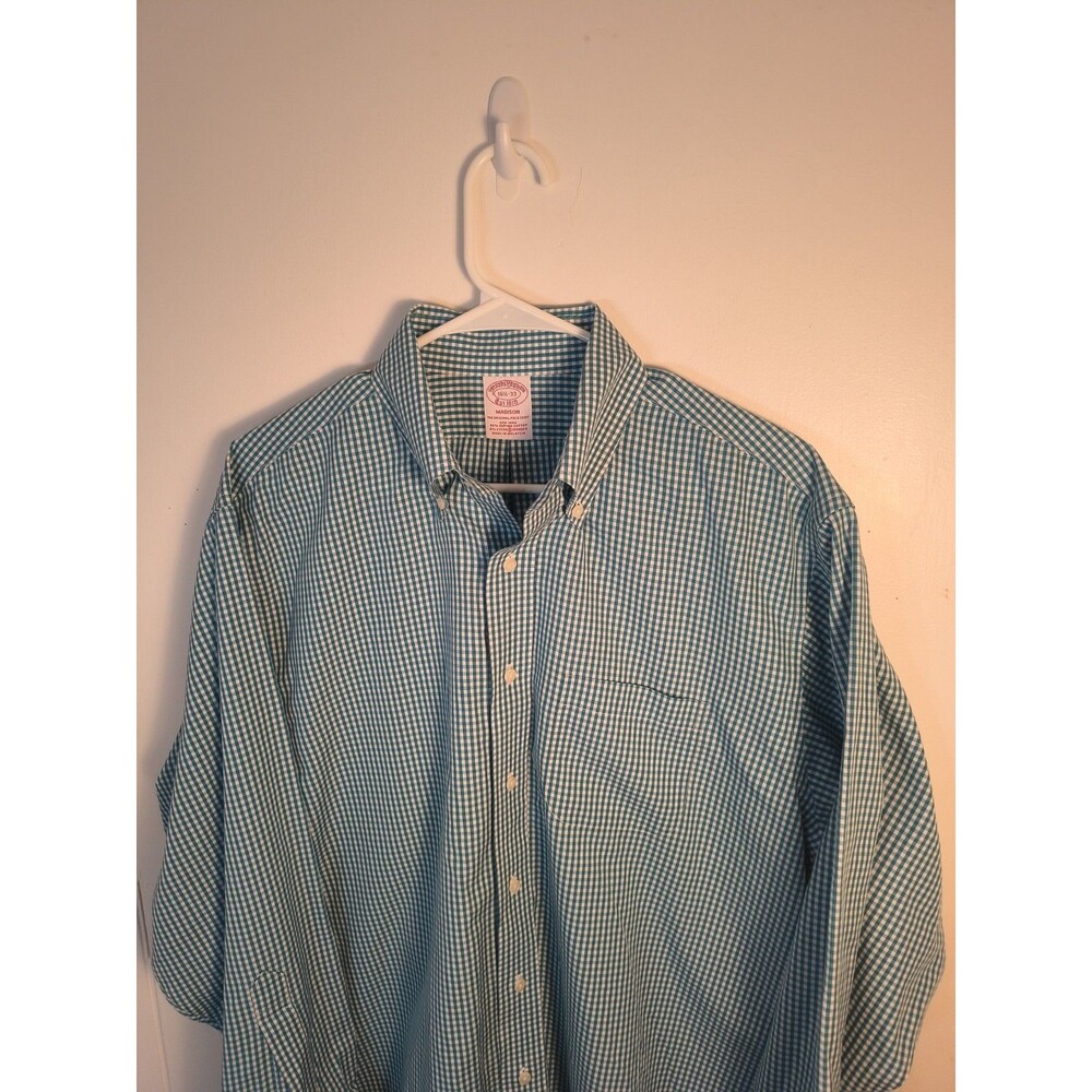 Brooks Brothers Madison Shirt 16.5 33 Teal Gingham Check Supima Cotton Non Iron